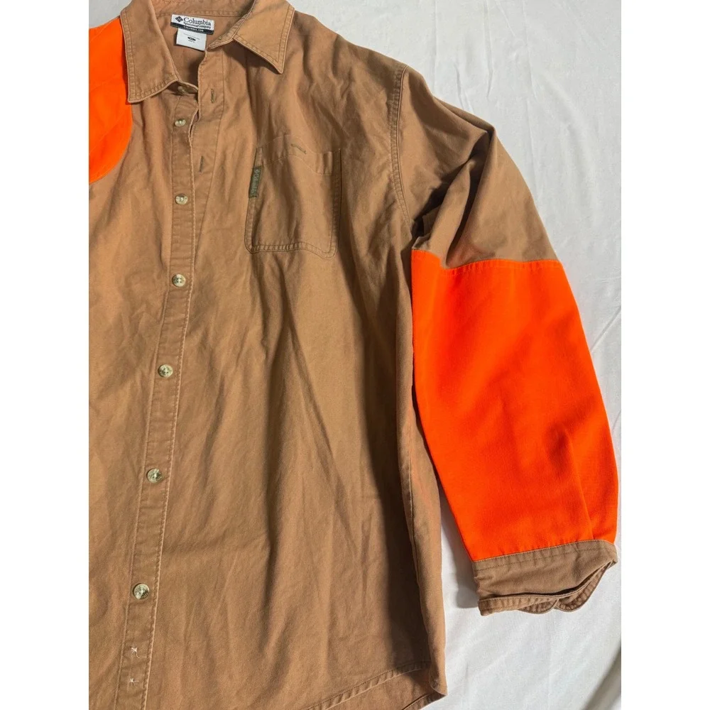 Columbia Sportswear Mens XL Shooting Shirt Blaze Orange Hunting Tan Canvas L/S